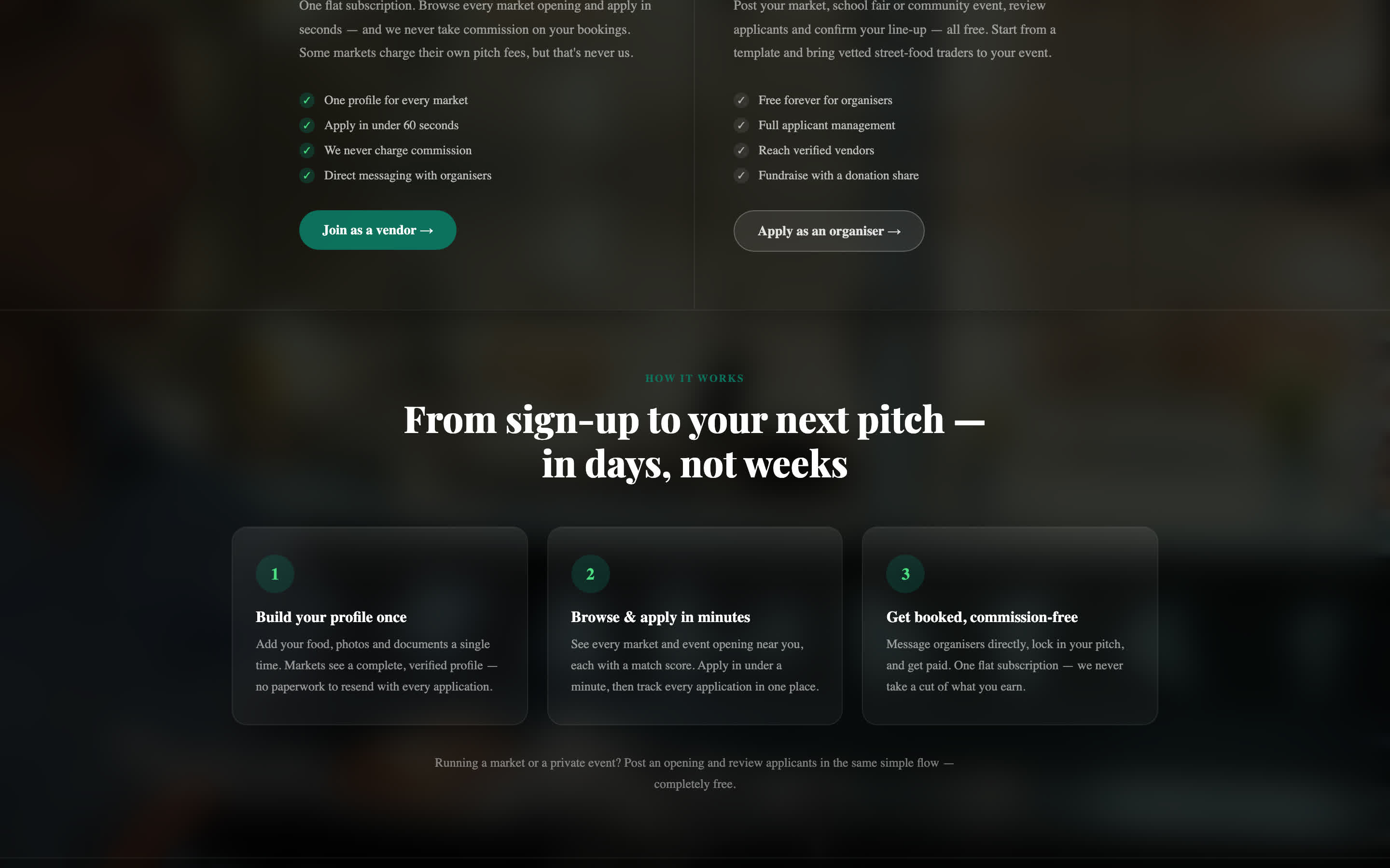 The proposition — vendors and organisers, one platform